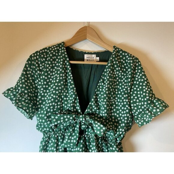 Hello Molly Dress Ruffle Tie Front Green White Floral Size 4 - Picture 2 of 5